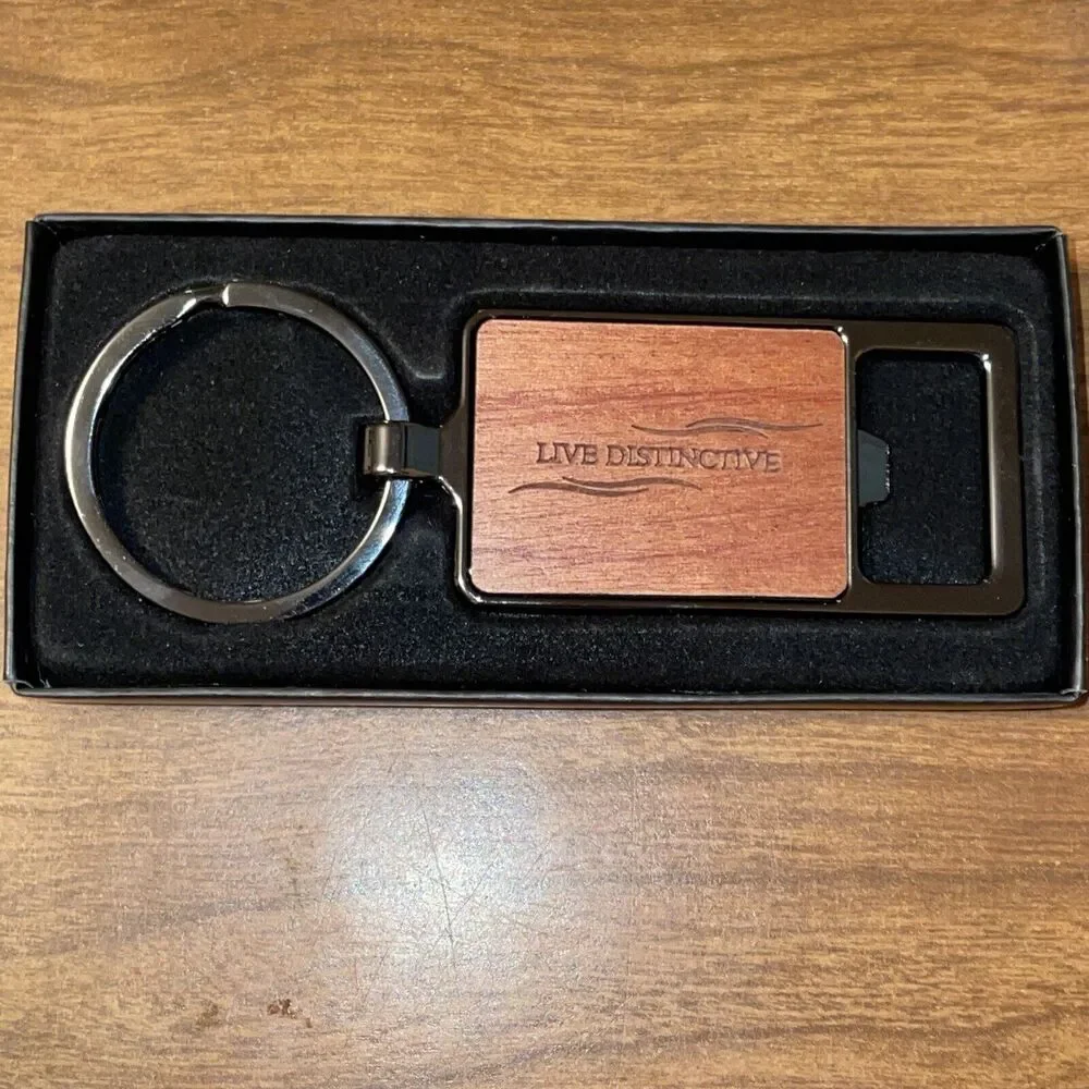 New In Box Dark Bronze Bottle Opener Key Ring Wood Inset Live Distinctive